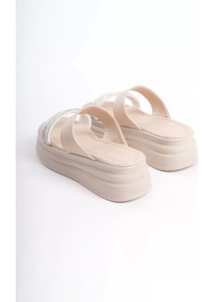 Sarah Düz Topuklu Taşlı Şeritli Kalın ve Ortopedik Taban Kadın Terlik Kt - Krem indirimleri