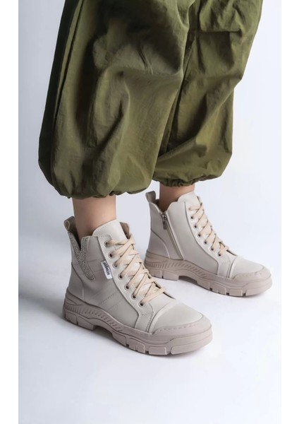 Amber Bağcıklı Fermuarlı Ortopedik Tabankadın Bot Kt - Krem