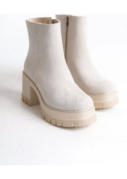 Lısse Fermuarlı Ortopedik Taban Kalın Topuklu Süet Kadın Bot Kt- Krem indirimleri
