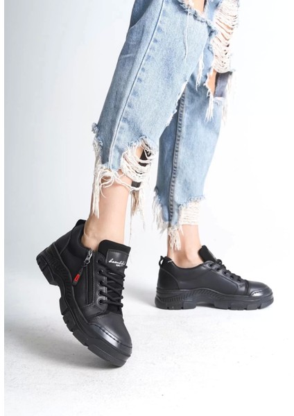 Agatha Bağcıklı Fermuarlı Ortopedik Taban Kadın Sneaker Spor Ayakkabı St - Siyah