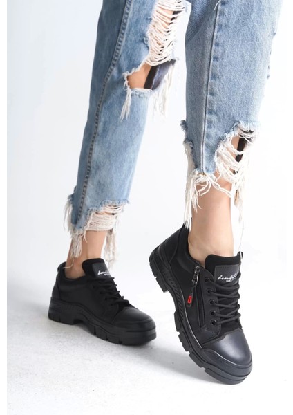 Agatha Bağcıklı Fermuarlı Ortopedik Taban Kadın Sneaker Spor Ayakkabı St - Siyah
