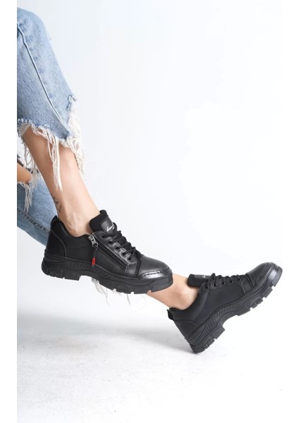Agatha Bağcıklı Fermuarlı Ortopedik Taban Kadın Sneaker Spor Ayakkabı St - Siyah