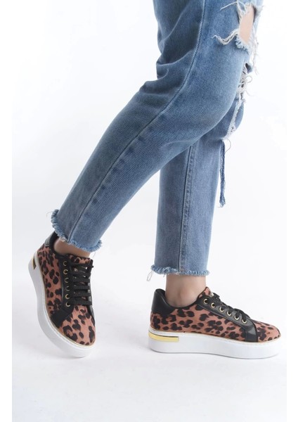 Mına Bağcıklı Ortopedik Taban Leopar Desenli Kadın Sneaker Spor Ayakkabı Bt - Kahverengi fiyatları