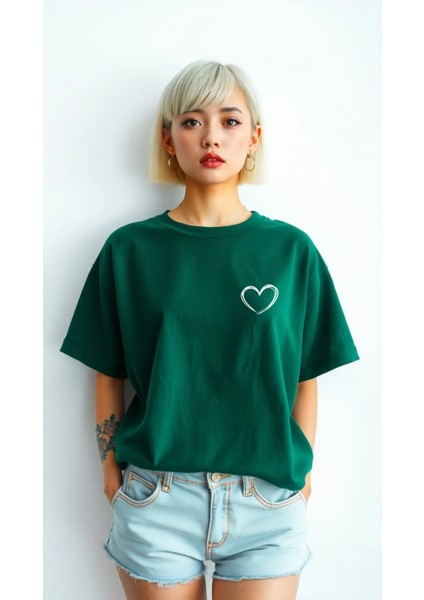 Oversize Kadın Tshirt Renkli Kalp Baskılı Tshrt Tişört Rahat Kesim Geniş Kalıp Pavro
