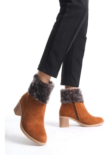 Katya Fermuarlı Ortopedik Taban Topuklu Kürk Detaylı Süet Kadın Bot Tt - Taba fiyatları