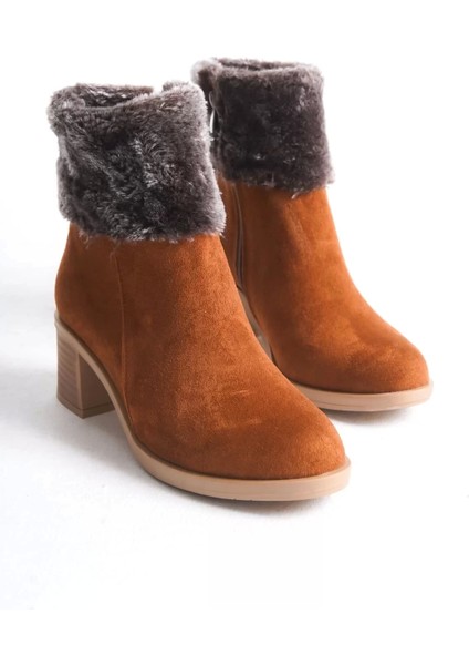 Katya Fermuarlı Ortopedik Taban Topuklu Kürk Detaylı Süet Kadın Bot Tt - Taba fırsatları