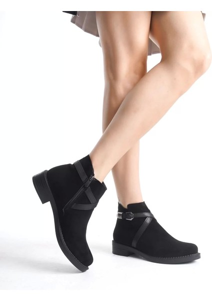 Almıla Fermuarlı Lastikli Ortopedik Taban Topuklu Süet Kadın Bot St - Siyah modelleri