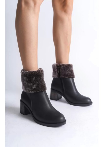 Katya Fermuarlı Ortopedik Taban Topuklu Kürk Detaylıkadın Bot St - Siyah