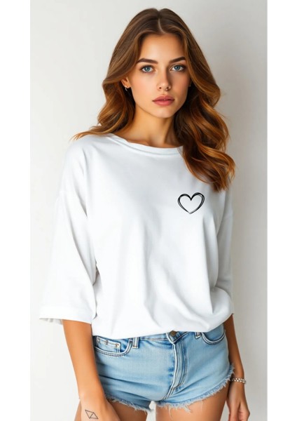 Oversize Kadın Tshirt Renkli Kalp Baskılı Tshrt Tişört Rahat Kesim Geniş Kalıp Pavro