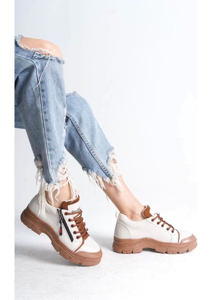 Agatha Bağcıklı Fermuarlı Ortopedik Taban Kadın Sneaker Spor Ayakkabı Tt - Krem modelleri