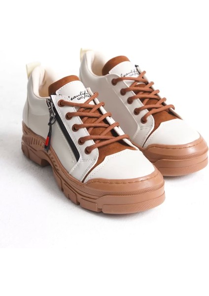 Agatha Bağcıklı Fermuarlı Ortopedik Taban Kadın Sneaker Spor Ayakkabı Tt - Krem indirimleri