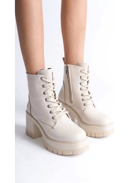 Lauren Bağcıklı Fermuarlı Ortopedik Taban Topuklukadın Bot Kt - Krem