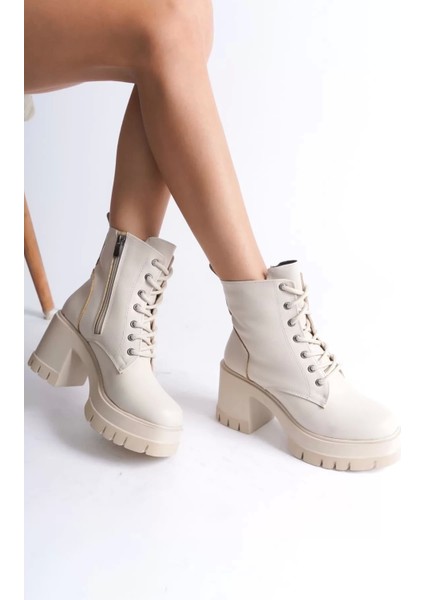 Lauren Bağcıklı Fermuarlı Ortopedik Taban Topuklukadın Bot Kt - Krem modelleri