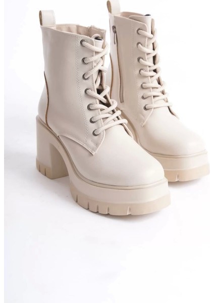 Lauren Bağcıklı Fermuarlı Ortopedik Taban Topuklukadın Bot Kt - Krem indirimleri