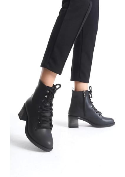 Lena Bağcıklı Fermuarlı Ortopedik Taban Topuklukadın Bot St - Siyah