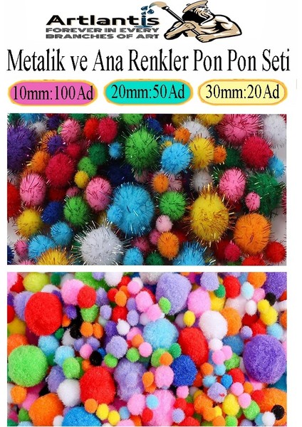 Renkli Pon Pon 10 20 30 mm 170 Li 1 Paket Metalik ve Ana Renkler Peluş Ponpon Tüylü Ponpon Okul Öncesi Kreş Elişi