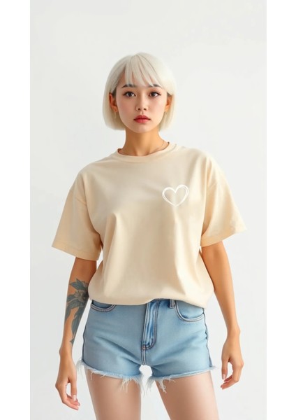 Oversize Kadın Tshirt Renkli Kalp Baskılı Tshrt Tişört Rahat Kesim Geniş Kalıp Pavro