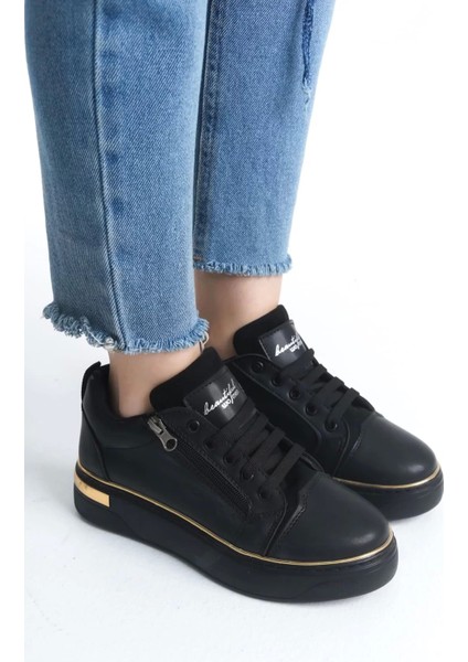 Dına Bağcıklı Fermuarlı Ortopedik Taban Kadın Sneaker Spor Ayakkabı St - Siyah/altın