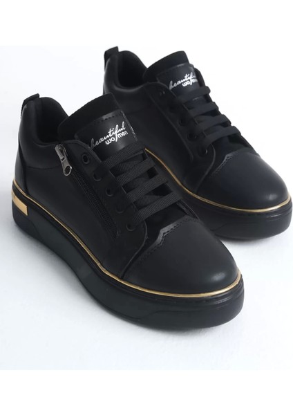 Dına Bağcıklı Fermuarlı Ortopedik Taban Kadın Sneaker Spor Ayakkabı St - Siyah/altın fırsatları