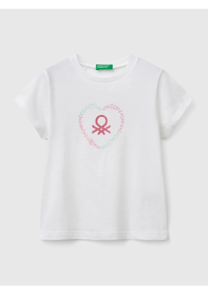 Benetton Kız Çocuk Baskılı Tshirt 1-6 Yaş Beyaz