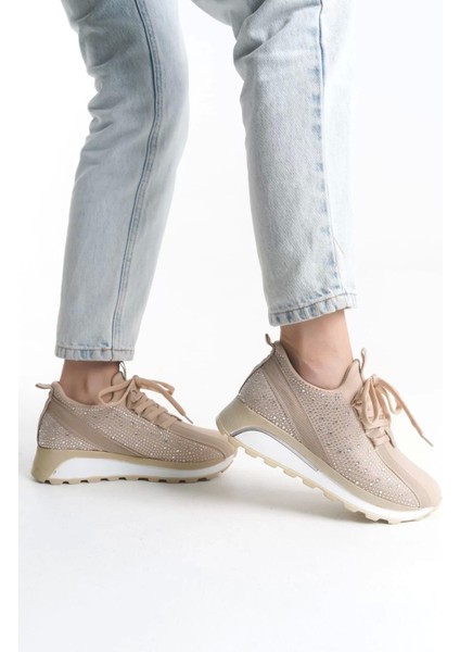 Alya Bağcıklı Ortopedik Taban Taşlı Kadın Sneaker Spor Ayakkabı Bt - Krem modelleri