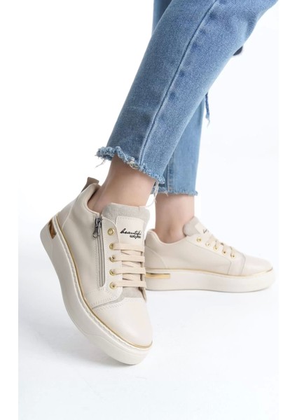 Dına Bağcıklı Fermuarlı Ortopedik Taban Kadın Sneaker Spor Ayakkabı Kt - Krem/altın