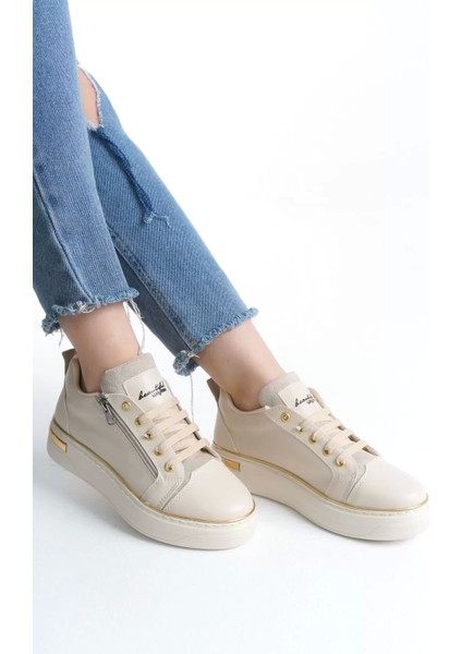 Dına Bağcıklı Fermuarlı Ortopedik Taban Kadın Sneaker Spor Ayakkabı Kt - Krem/altın fiyatları