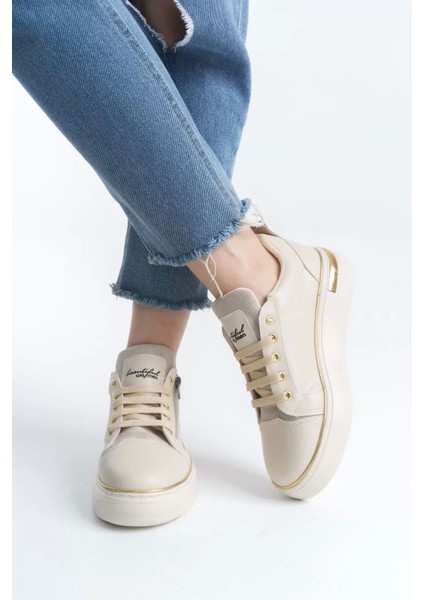 Dına Bağcıklı Fermuarlı Ortopedik Taban Kadın Sneaker Spor Ayakkabı Kt - Krem/altın modelleri