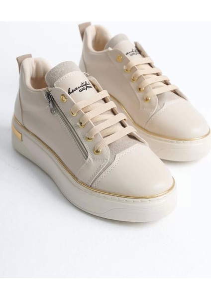 Dına Bağcıklı Fermuarlı Ortopedik Taban Kadın Sneaker Spor Ayakkabı Kt - Krem/altın fırsatları