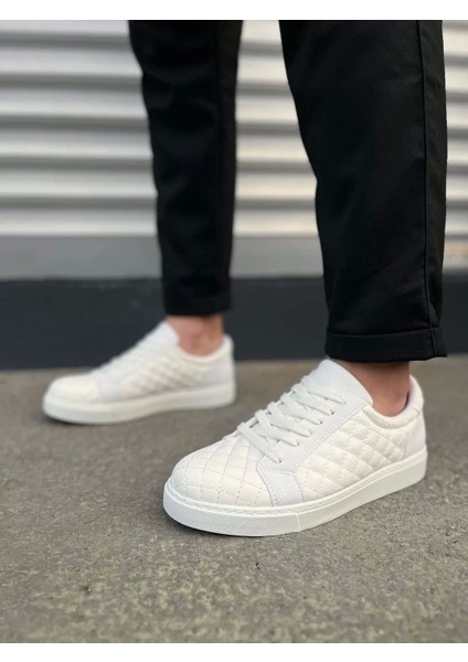 JY166 Prestige Bağcıklı Cilt Kapitone Desenli Erkek Günlük Sneaker Ayakkabı Cbt - Beyaz