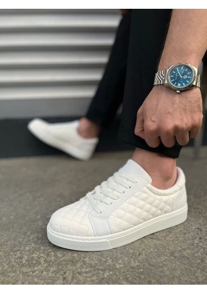 JY166 Prestige Bağcıklı Cilt Kapitone Desenli Erkek Günlük Sneaker Ayakkabı Cbt - Beyaz