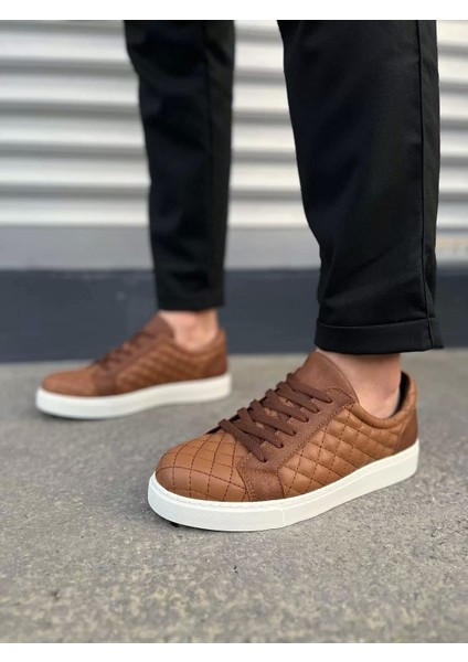 JY166 Prestige Bağcıklı Cilt Kapitone Desenli Erkek Günlük Sneaker Ayakkabı Cbt - Taba