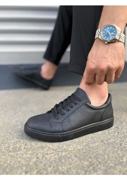 JY165 Elite Bağcıklı Cilt Erkek Günlük Sneaker Ayakkabı Cst - Siyah