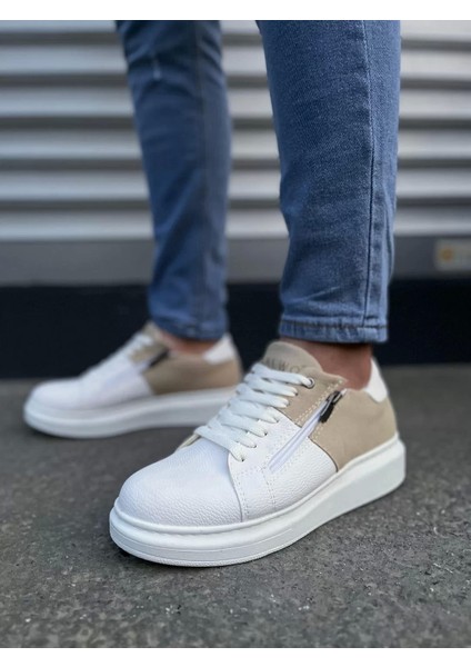 JY155 Warrior Bağcıklı ve Fermuarlı Cilt Süet Erkek Günlük Sneaker Ayakkabı Csbt - Beyaz/krem