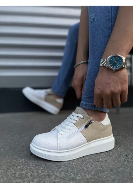 JY155 Warrior Bağcıklı ve Fermuarlı Cilt Süet Erkek Günlük Sneaker Ayakkabı Csbt - Beyaz/krem