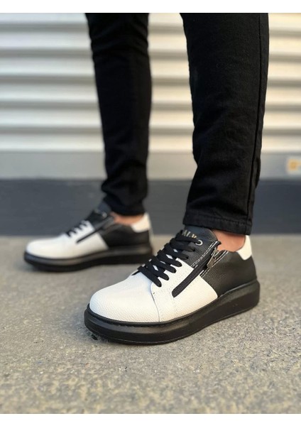 JY155 Warrior Bağcıklı ve Fermuarlı Cilt Erkek Günlük Sneaker Ayakkabı Cst - Siyah/beyaz