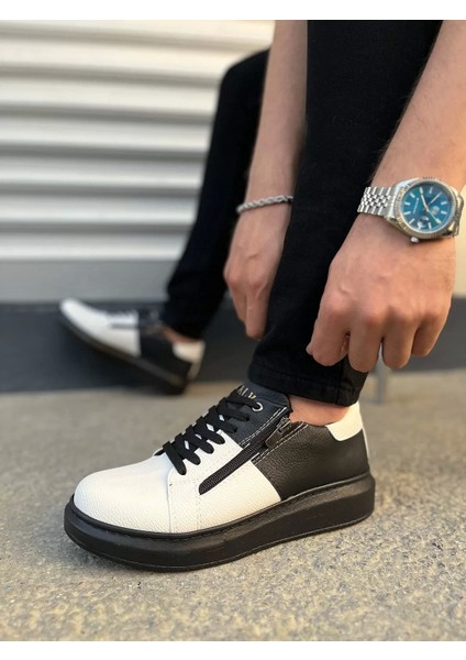 JY155 Warrior Bağcıklı ve Fermuarlı Cilt Erkek Günlük Sneaker Ayakkabı Cst - Siyah/beyaz