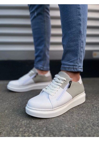 JY155 Warrior Bağcıklı ve Fermuarlı Cilt Süet Erkek Günlük Sneaker Ayakkabı Csbt - Beyaz/gri