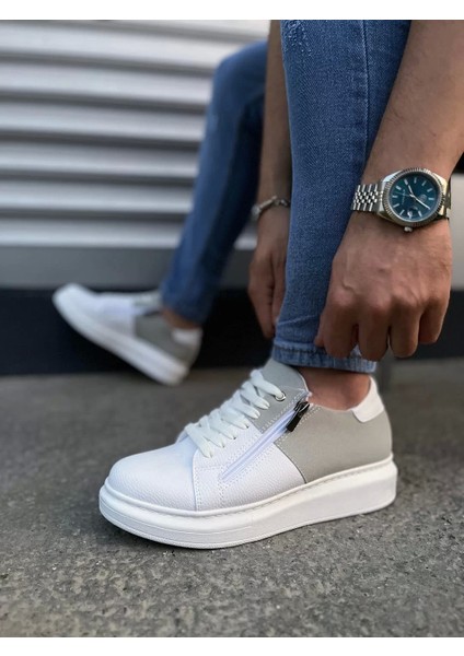 JY155 Warrior Bağcıklı ve Fermuarlı Cilt Süet Erkek Günlük Sneaker Ayakkabı Csbt - Beyaz/gri