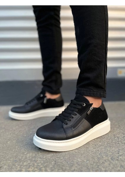 JY155 Warrior Bağcıklı ve Fermuarlı Cilt Süet Erkek Günlük Sneaker Ayakkabı Csbt - Siyah