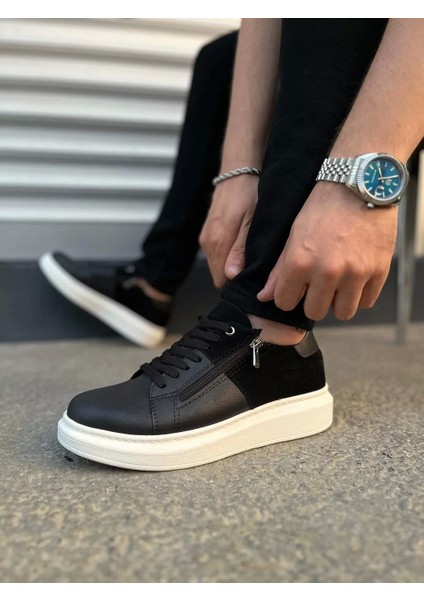 JY155 Warrior Bağcıklı ve Fermuarlı Cilt Süet Erkek Günlük Sneaker Ayakkabı Csbt - Siyah