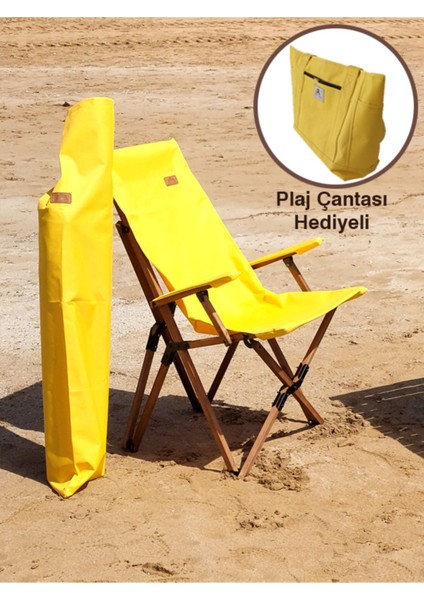 Ahşap - Kollu Katlanır Kamp Sandalyesi - Koyu Ceviz Iskelet - Sarı Kılıf - Sarı Çanta