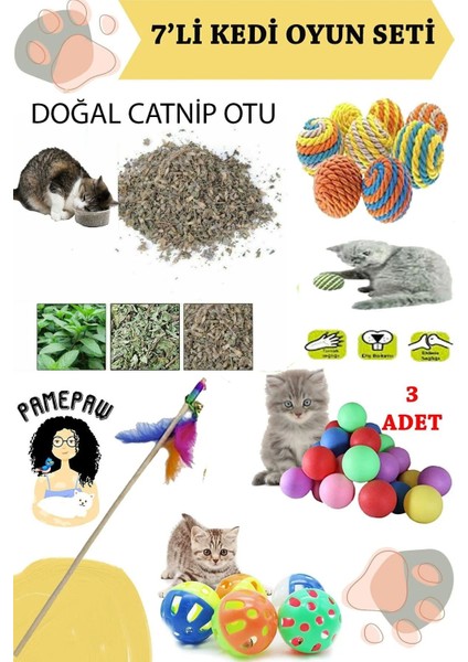 Luxury 7'li Set : Doğal Catnip Otu, Sarma Top , Olta , 3'lü Mini Top , Çıngıraklı Top 1 Adet