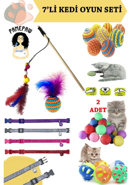 Luxury 7'li Set : Kedi Tasması , Sarma Top , Olta , 2'li Mini Top , Çıngıraklı Top , Tüylü Top 1 Adet