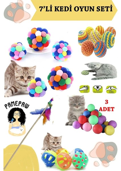 Luxury 7'li Set : Xxl Kedi Ponpon Top, Sarma Top , Olta , 3'lü Mini Top , Çıngıraklı Top 1 Adet