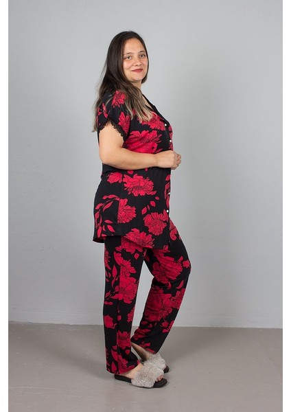 Büyük Beden Düğmeli Çiçek Desenli Pijama Takım modelleri