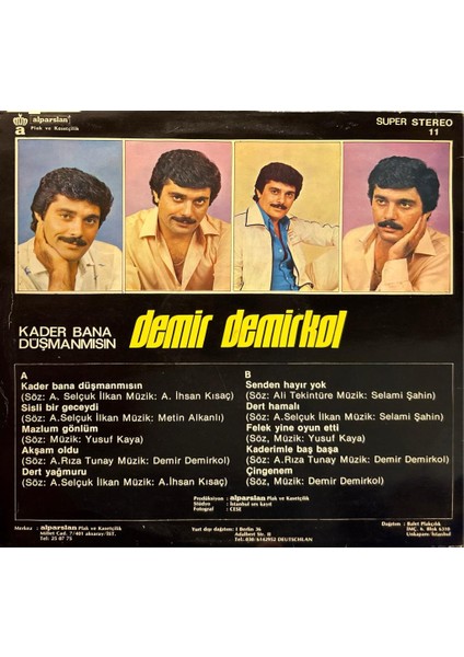 Demir Demirkol ‎– Kader Bana Düşmanmısın 1981 Baskı Lp