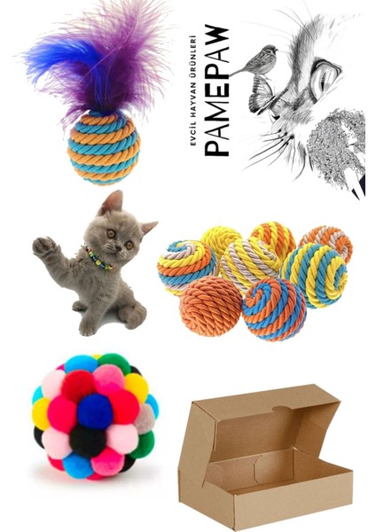 Luxury Kedi Sarma Top , Kedi Ponpon Top , Kedi Tüylü Top 3'lü Avantaj Seti 1 Adet