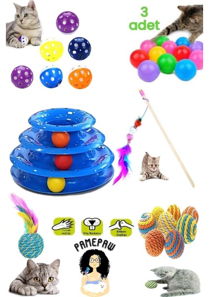 Luxury 8'li Set: Sarma Topu+3'lü Renkli Top+Oyun Topu Tüylü + Kedi Oltası+3 Katlı Oyuncak +Çıngıraklı Top 1 Adet