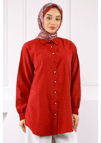 Bordo Taşlı Düğmeli Modal Gömlek